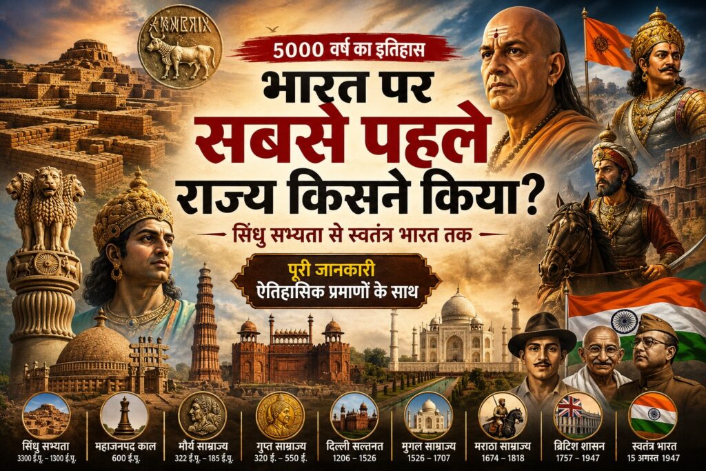 भारत के 5000 वर्षों के इतिहास को दर्शाती एक ऐतिहासिक फीचर इमेज जिसमें सिंधु सभ्यता, मगध साम्राज्य, मौर्य साम्राज्य, मुगल काल, मराठा साम्राज्य और स्वतंत्र भारत की यात्रा को एक ही दृश्य में दिखाया गया है।