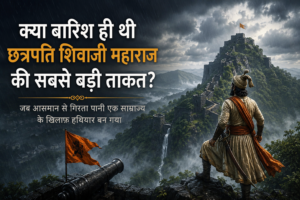 बारिश के मौसम में सह्याद्री के दुर्ग की ओर देखते हुए छत्रपति शिवाजी महाराज का सांकेतिक चित्र, जो मानसून, किलों और गुरिल्ला युद्ध की ऐतिहासिक रणनीति को दर्शाता है।