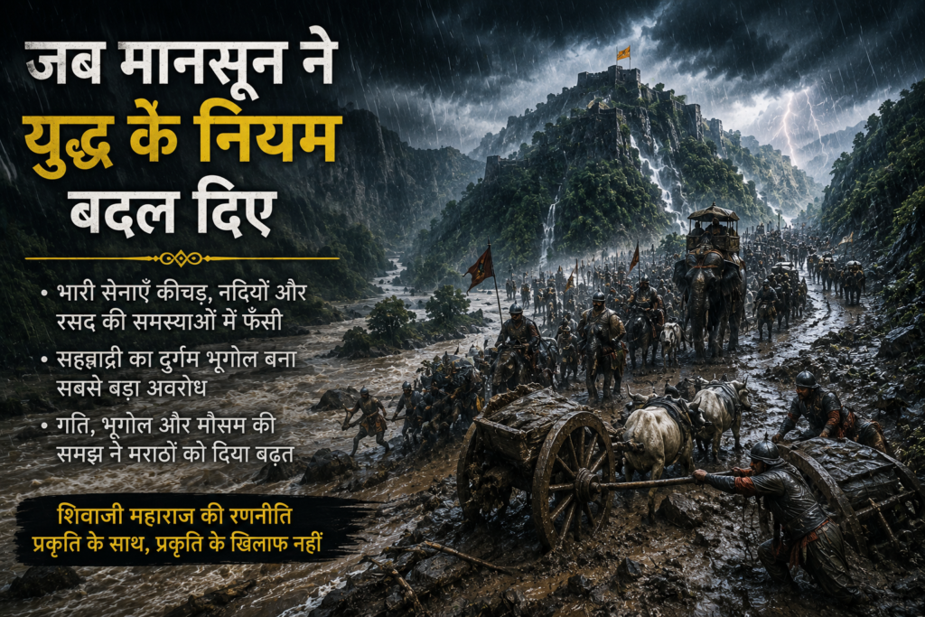 सह्याद्री में बारिश के दौरान आगे बढ़ती भारी सेना और मराठा युद्ध रणनीति का सांकेतिक चित्र।