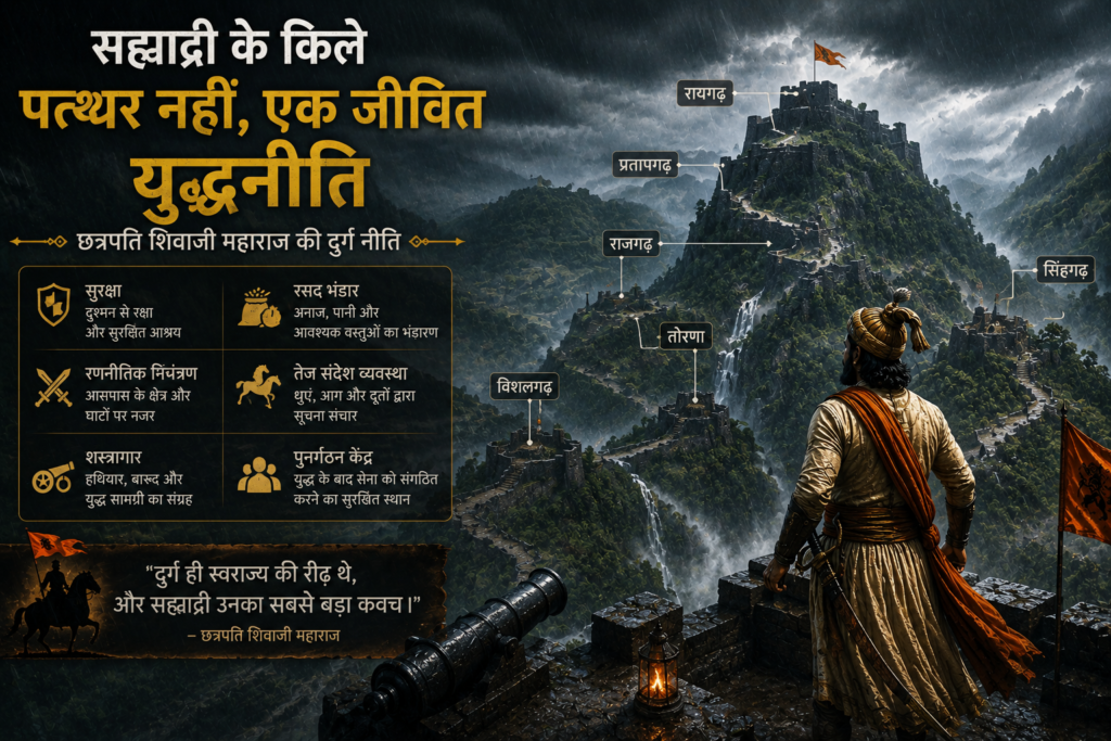 बारिश के मौसम में सह्याद्री पर्वतमाला के मराठा किलों का सांकेतिक चित्र, जो छत्रपति शिवाजी महाराज की दुर्ग नीति, प्राकृतिक सुरक्षा और रणनीतिक युद्ध प्रणाली को दर्शाता है।