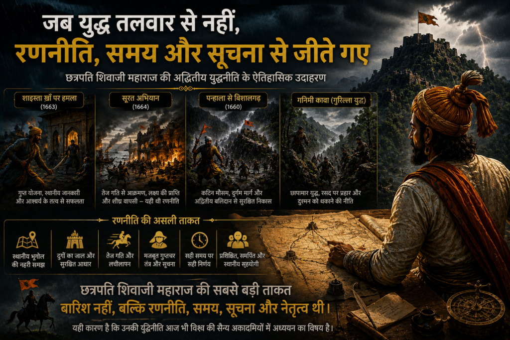 छत्रपति शिवाजी महाराज की युद्ध रणनीति का सांकेतिक चित्र, जिसमें सह्याद्री के किले, गनिमी कावा, सैन्य योजना, गुप्तचर तंत्र और रणनीतिक नेतृत्व को दर्शाया गया है।