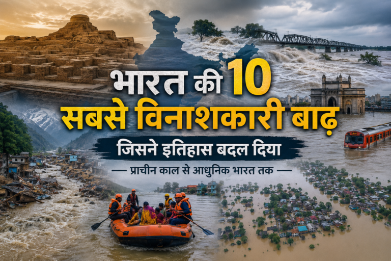भारत की विनाशकारी बाढ़ों का सांकेतिक चित्र, जिसमें प्राचीन सभ्यता के अवशेष, उफनती नदियाँ, जलमग्न शहर, बचाव अभियान और आधुनिक भारत में आई बड़ी बाढ़ों का ऐतिहासिक संदर्भ दर्शाया गया है।