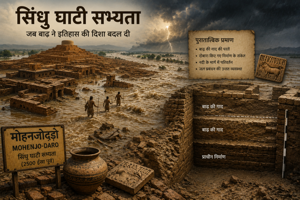 सिंधु घाटी सभ्यता के मोहनजोदड़ो का सांकेतिक चित्र, जिसमें प्राचीन नगर, बाढ़ से प्रभावित अवशेष, खुदाई में मिली गाद की परतें, पुरातात्विक प्रमाण और उफनते जल का ऐतिहासिक संदर्भ दर्शाया गया है।