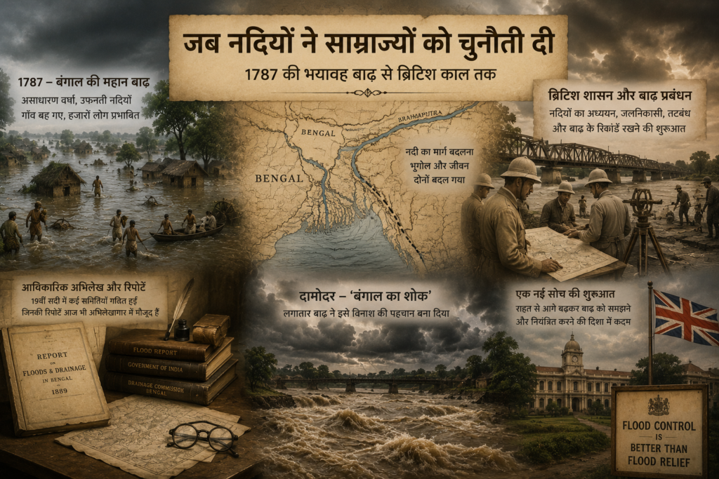 भारत के मध्यकाल और ब्रिटिश शासन के दौरान आई प्रमुख बाढ़ों का सांकेतिक चित्र, जिसमें 1787 की बंगाल की बाढ़, दामोदर नदी, ऐतिहासिक मानचित्र, ब्रिटिश इंजीनियर, बाढ़ रिपोर्ट और औपनिवेशिक प्रशासन के अभिलेख दर्शाए गए हैं।