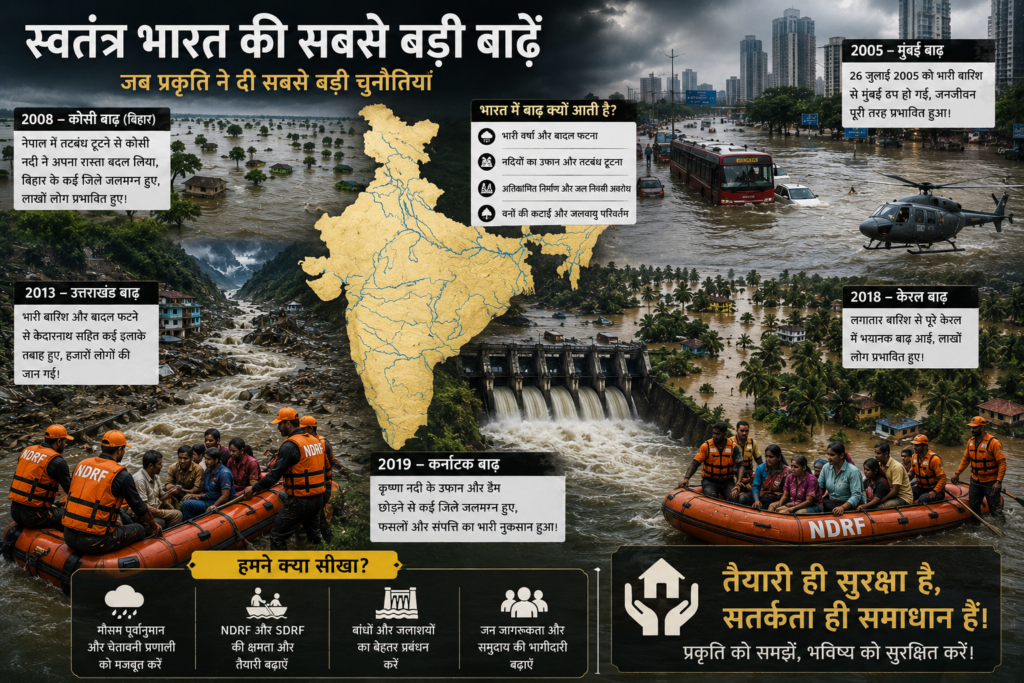 स्वतंत्र भारत की प्रमुख बाढ़ आपदाओं का सांकेतिक चित्र, जिसमें 2008 कोसी बाढ़, 2005 मुंबई बाढ़, 2013 उत्तराखंड आपदा, 2018 केरल बाढ़, 2019 कर्नाटक बाढ़, एनडीआरएफ राहत अभियान, बाँध और भारत का मानचित्र दर्शाया गया है।
