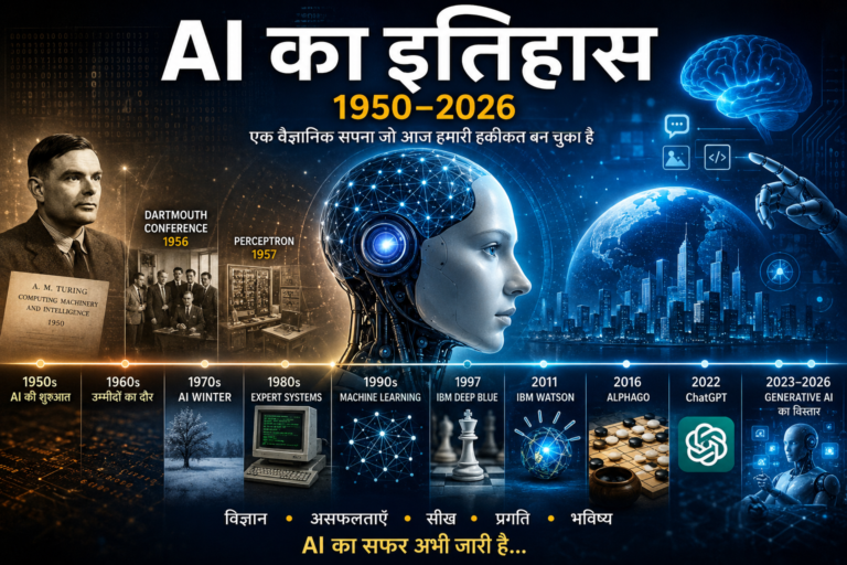 1950 से 2026 तक Artificial Intelligence (AI) का इतिहास दर्शाती फीचर इमेज, जिसमें Alan Turing, Dartmouth Conference 1956, Machine Learning, Deep Learning, IBM Deep Blue, AlphaGo, ChatGPT और Generative AI का विकास दिखाया गया है।