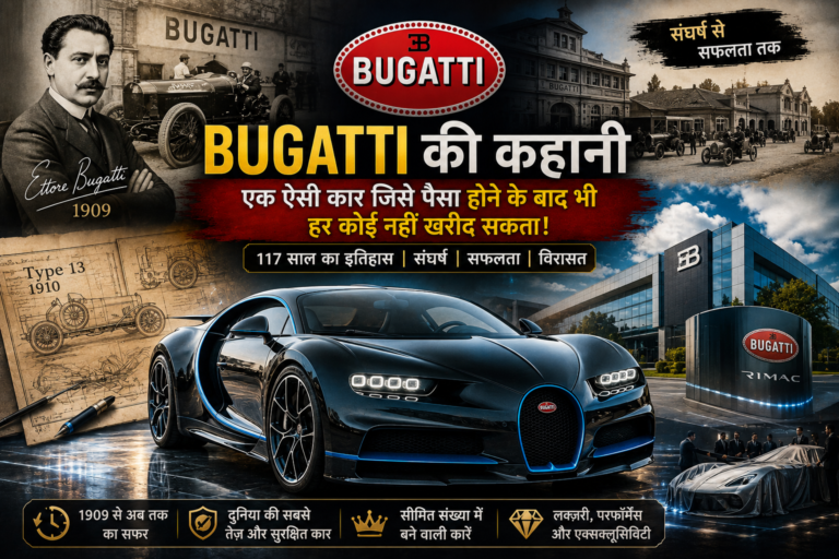 Bugatti की Success Story दर्शाती फीचर इमेज, जिसमें Ettore Bugatti, 1909 में कंपनी की शुरुआत, Bugatti Chiron Hypercar, Volkswagen द्वारा पुनर्जीवन और दुनिया की सबसे प्रतिष्ठित लग्ज़री कार बनने की ऐतिहासिक यात्रा दिखाई गई है।