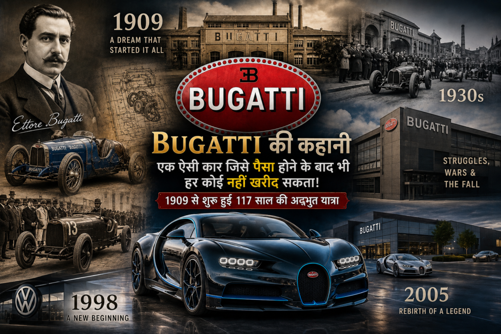 Bugatti की कहानी: Ettore Bugatti, 1909 में कंपनी की शुरुआत, शुरुआती Bugatti कारें और दुनिया की सबसे प्रतिष्ठित Hypercar ब्रांड बनने की ऐतिहासिक यात्रा को दर्शाती फीचर इमेज।