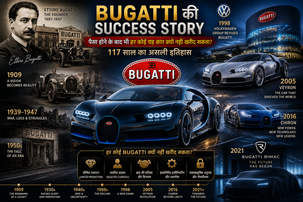 Bugatti की कहानी: Volkswagen द्वारा पुनर्जीवन, Bugatti Veyron, Bugatti Chiron, Bugatti Rimac और दुनिया की सबसे प्रतिष्ठित Hypercar बनने की ऐतिहासिक यात्रा को दर्शाती फीचर इमेज।