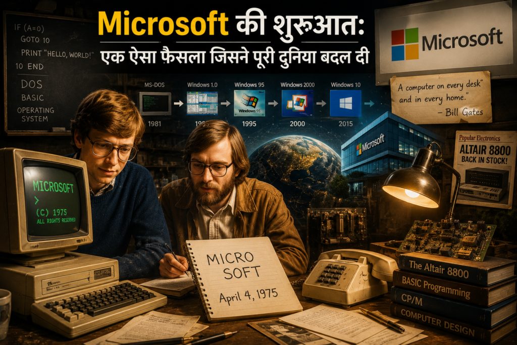 Bill Gates and Paul Allen starting Microsoft in 1975, showing the early Microsoft journey, vintage computer, software development and the beginning of Microsoft Success Story in Hindi.