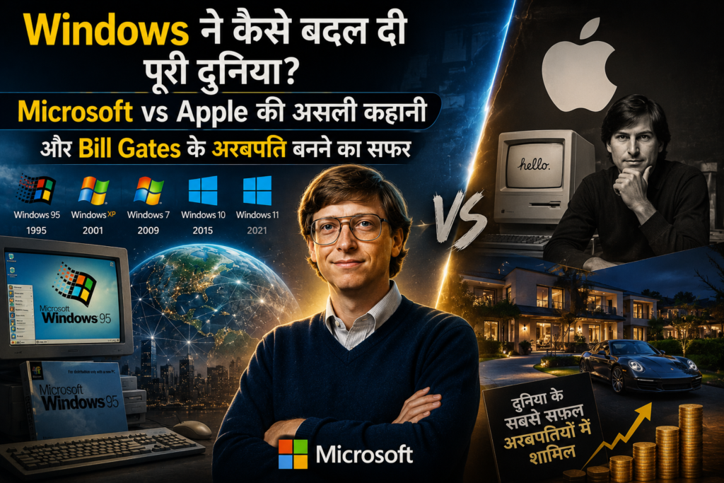 Bill Gates with Microsoft Windows timeline, Apple rivalry and Microsoft vs Apple success story featured image showing how Windows transformed the computer industry.