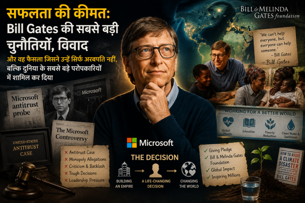 Bill Gates featured image showing Microsoft antitrust case, leadership challenges, philanthropy, charity work and his journey from tech billionaire to global philanthropist.