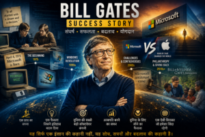Bill Gates Success Story in Hindi featured image showing his journey from student to Microsoft co-founder, Windows revolution, Microsoft vs Apple rivalry, leadership challenges and global philanthropy.