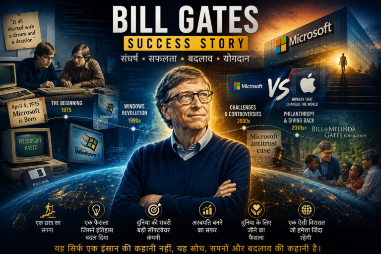 Bill Gates Success Story in Hindi featured image showing his journey from student to Microsoft co-founder, Windows revolution, Microsoft vs Apple rivalry, leadership challenges and global philanthropy.