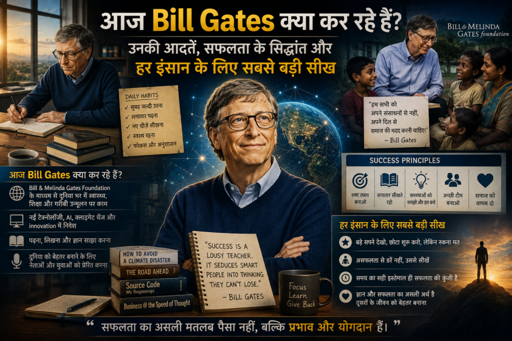 Bill Gates featured image showing his daily habits, success principles, philanthropy, books, innovation and his ongoing global impact beyond Microsoft.