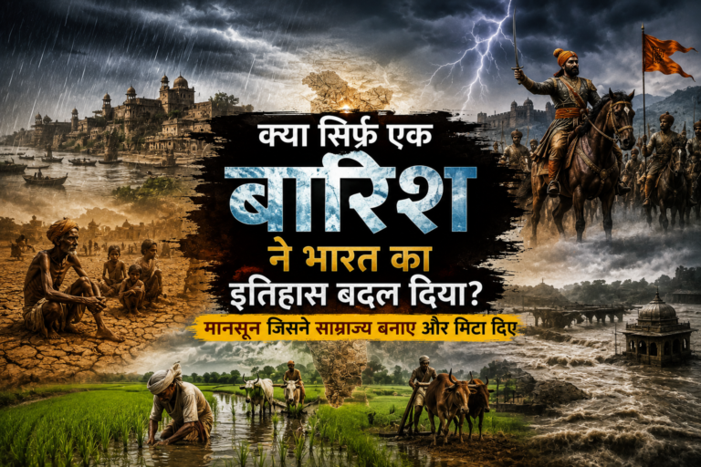भारत में मानसून के इतिहास को दर्शाती फीचर इमेज, जिसमें बारिश, छत्रपति शिवाजी महाराज की सैन्य रणनीति, कृषि, अकाल, बाढ़ और भारतीय इतिहास पर मानसून के प्रभाव को दिखाया गया है।