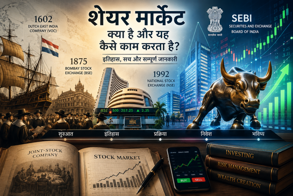 शेयर मार्केट का इतिहास दर्शाती फीचर इमेज, जिसमें 1602 की Dutch East India Company (VOC), Bombay Stock Exchange (BSE), National Stock Exchange (NSE), SEBI, स्टॉक मार्केट चार्ट, निवेश और आधुनिक शेयर बाज़ार के विकास को दर्शाया गया है।