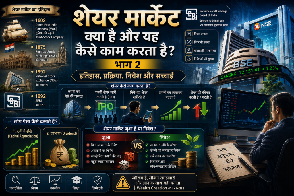 शेयर मार्केट कैसे काम करता है दर्शाती फीचर इमेज, जिसमें BSE, NSE, SEBI, IPO, निवेश, शेयर की कीमत, Dividend और शेयर मार्केट व जुए के अंतर को सरल रूप में दिखाया गया है।