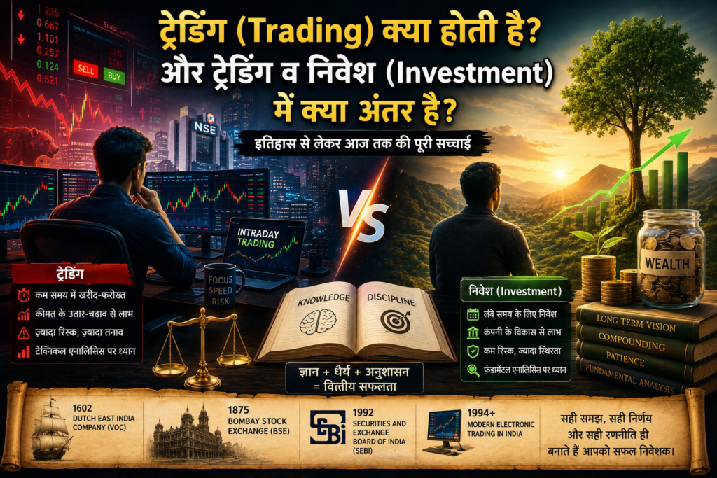 ट्रेडिंग और निवेश (Investment) के अंतर को दर्शाती फीचर इमेज, जिसमें स्टॉक मार्केट चार्ट, NSE, BSE, SEBI, ट्रेडिंग, लॉन्ग टर्म निवेश, Fundamental Analysis, Technical Analysis और Wealth Creation की तुलना दिखाई गई है।