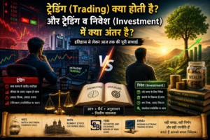 ट्रेडिंग और निवेश (Investment) के अंतर को दर्शाती फीचर इमेज, जिसमें स्टॉक मार्केट चार्ट, NSE, BSE, SEBI, ट्रेडिंग, लॉन्ग टर्म निवेश, Fundamental Analysis, Technical Analysis और Wealth Creation की तुलना दिखाई गई है।