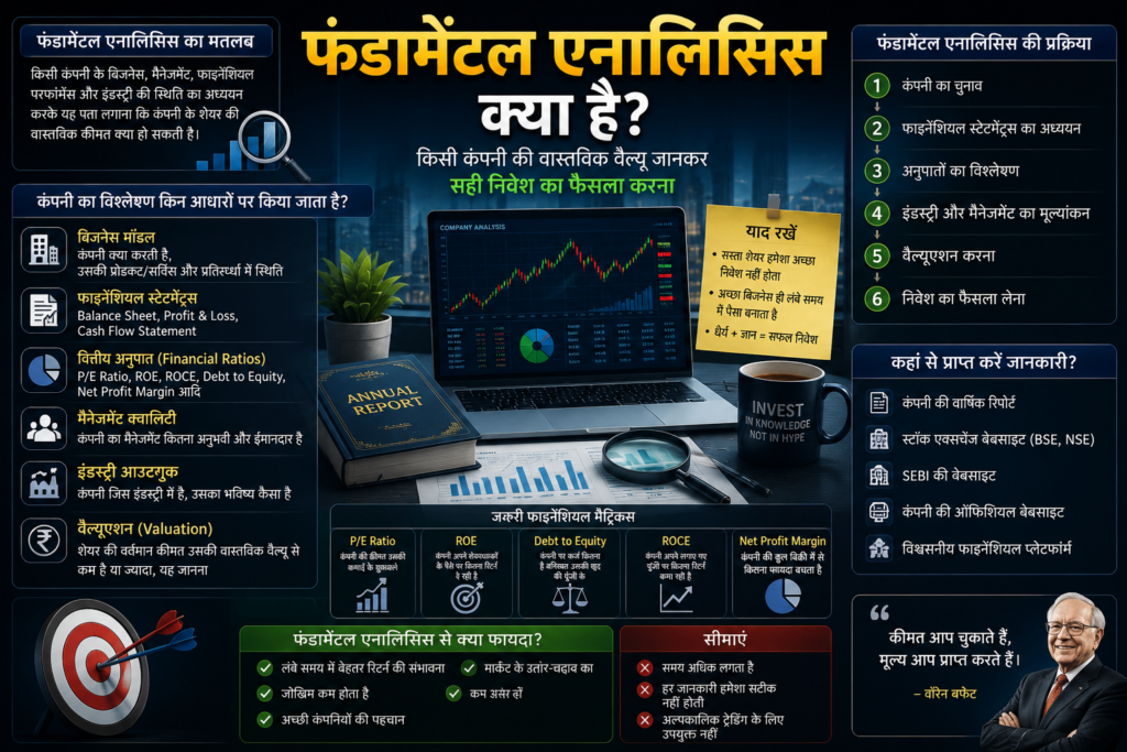 फंडामेंटल एनालिसिस की फीचर इमेज, जिसमें कंपनी का बिज़नेस, Financial Statements, P/E Ratio, ROE, ROCE, Debt to Equity, Valuation और Long Term Investment का विश्लेषण दर्शाया गया है।