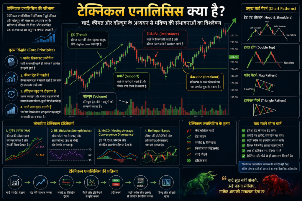 टेक्निकल एनालिसिस की फीचर इमेज, जिसमें कैंडलस्टिक चार्ट, सपोर्ट-रेजिस्टेंस, RSI, MACD, Moving Average, Bollinger Bands, चार्ट पैटर्न और ट्रेडिंग विश्लेषण को दर्शाया गया है।