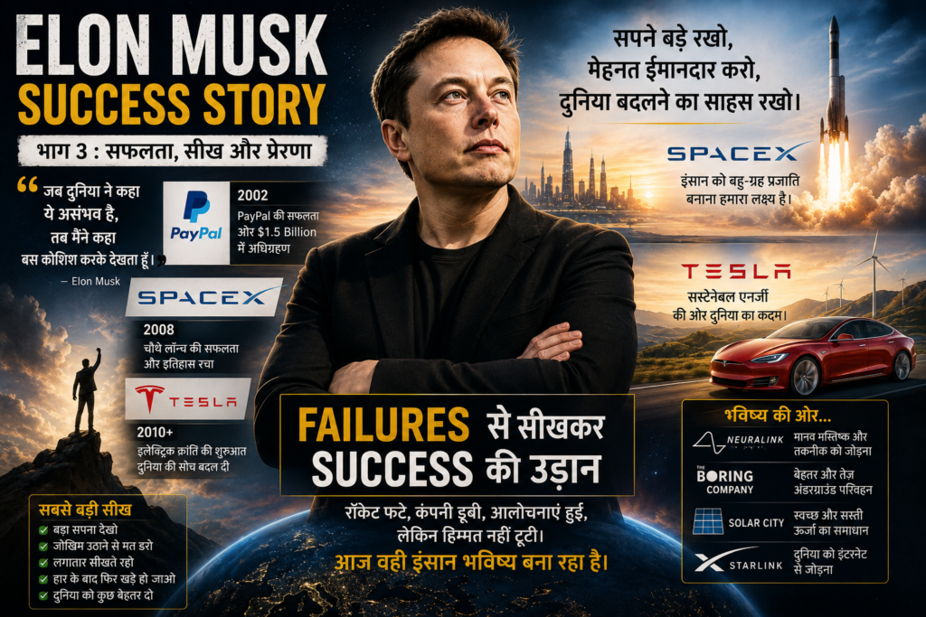 Elon Musk Success Story in Hindi – SpaceX और Tesla की सफलता, प्रेरणादायक सीख और भविष्य बदलने की कहानी