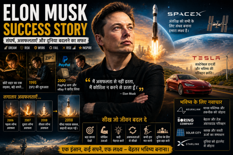 Elon Musk Success Story in Hindi – बचपन से SpaceX और Tesla की सफलता तक संघर्ष, असफलताओं और प्रेरणा की पूरी यात्रा