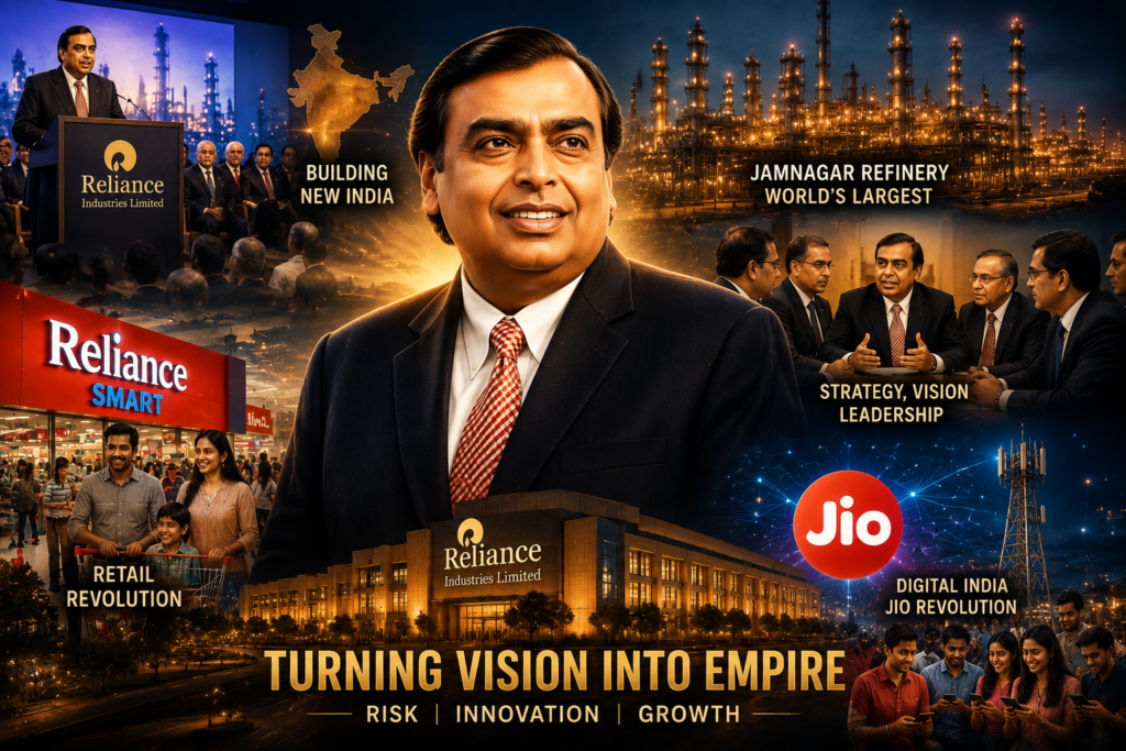 Mukesh Ambani Success Story in Hindi – रिलायंस इंडस्ट्रीज़ का विस्तार, जामनगर रिफाइनरी, Jio की शुरुआत और दूरदर्शी नेतृत्व की प्रेरणादायक कहानी