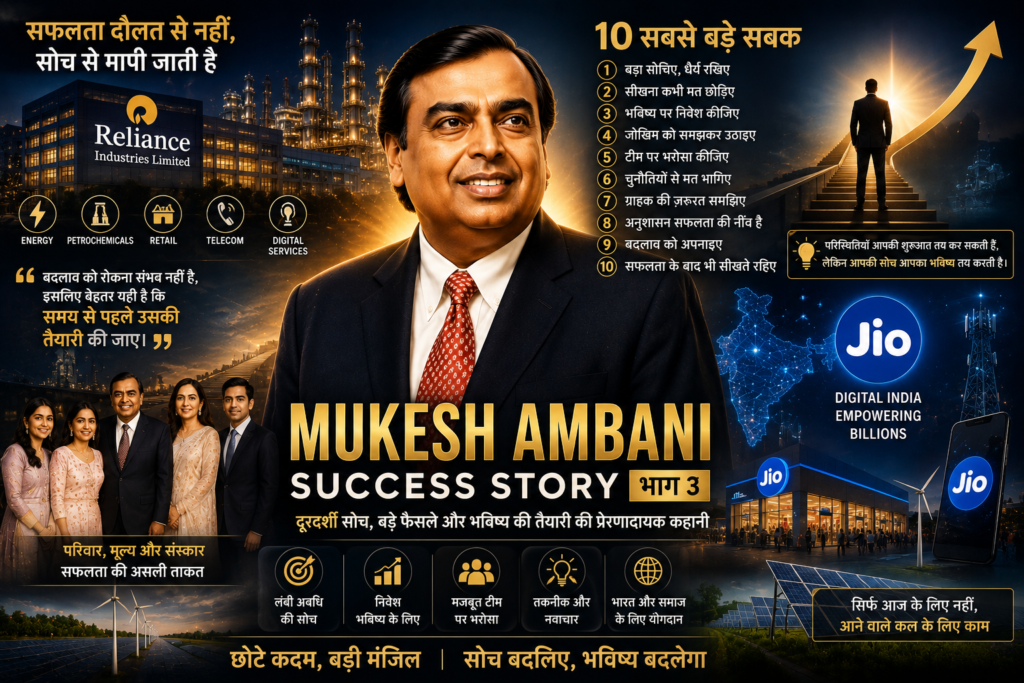 Mukesh Ambani Success Story in Hindi – नेतृत्व, दूरदर्शी सोच, Jio की सफलता, रिलायंस का विस्तार और जीवन के प्रेरणादायक सबक
