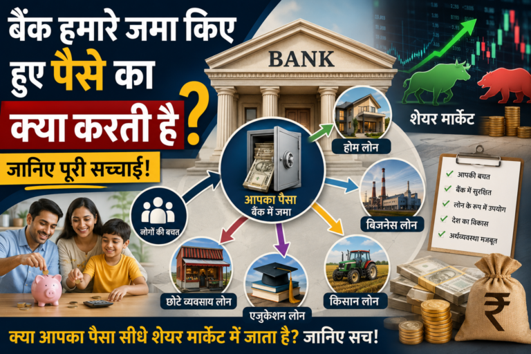 बैंक में जमा किए गए पैसे का उपयोग कैसे होता है, इसे दर्शाती इन्फोग्राफिक जिसमें बैंक, बचत, Home Loan, Business Loan, Education Loan, किसान लोन और शेयर मार्केट के बीच संबंध को सरल तरीके से दिखाया गया है।