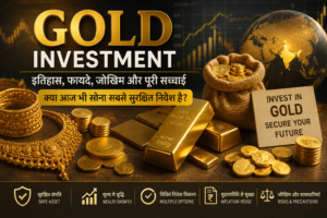 सोने (Gold) में निवेश को दर्शाती फीचर इमेज, जिसमें गोल्ड बार, सोने के सिक्के, आभूषण, निवेश ग्राफ, सुरक्षित संपत्ति, महँगाई से बचाव, जोखिम और Gold Investment की पूरी जानकारी दिखाई गई है।