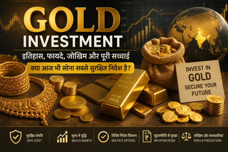 सोने (Gold) में निवेश को दर्शाती फीचर इमेज, जिसमें गोल्ड बार, सोने के सिक्के, आभूषण, निवेश ग्राफ, सुरक्षित संपत्ति, महँगाई से बचाव, जोखिम और Gold Investment की पूरी जानकारी दिखाई गई है।