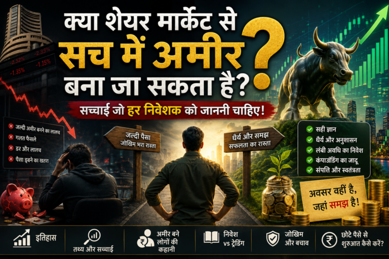 शेयर मार्केट से अमीर बनने की सच्चाई दर्शाती इन्फोग्राफिक, जिसमें Bull Market, Bear Market, स्टॉक चार्ट, निवेशक, बढ़ती संपत्ति, जोखिम, लंबी अवधि का निवेश और शेयर मार्केट में सफलता के वास्तविक सिद्धांत दिखाए गए हैं।