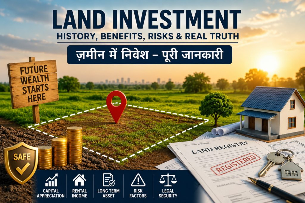 ज़मीन में निवेश (Land Investment) को दर्शाती इन्फोग्राफिक, जिसमें प्लॉट, घर, भूमि रजिस्ट्री, निवेश, कानूनी दस्तावेज़, सुरक्षा, जोखिम और लंबी अवधि की संपत्ति बनाने की जानकारी दिखाई गई है।