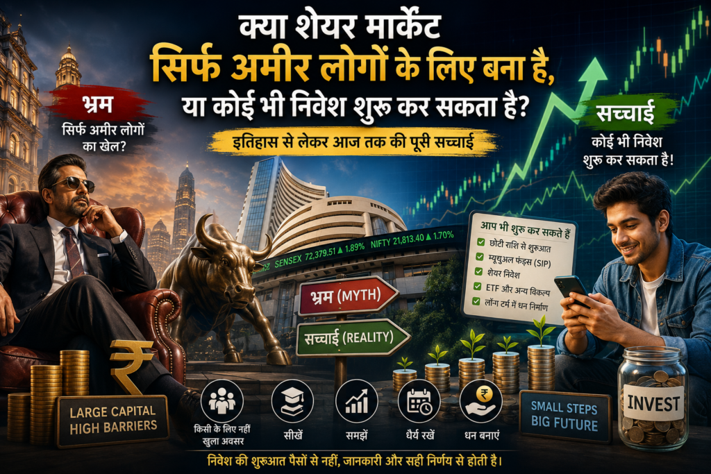 शेयर मार्केट में निवेश की वास्तविक सच्चाई दर्शाती फीचर इमेज, जिसमें Bombay Stock Exchange (BSE), शेयर बाज़ार का बुल, एक बड़े निवेशक और एक सामान्य निवेशक, मोबाइल से निवेश, SIP, ETF, Wealth Creation और 'शेयर मार्केट सिर्फ अमीरों के लिए है' इस मिथक को दर्शाया गया है।