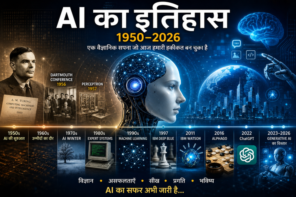 1950 से 2026 तक Artificial Intelligence (AI) का इतिहास दर्शाती फीचर इमेज, जिसमें Alan Turing, Dartmouth Conference 1956, Machine Learning, Deep Learning, IBM Deep Blue, AlphaGo, ChatGPT और Generative AI का विकास दिखाया गया है।