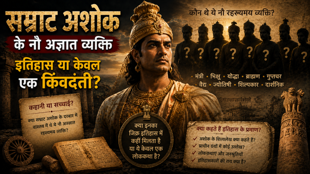 सम्राट अशोक के नौ अज्ञात व्यक्तियों का रहस्य – प्राचीन भारत की प्रसिद्ध किंवदंती, ऐतिहासिक संदर्भों, अशोक के शासनकाल और Nine Unknown Men से जुड़े तथ्यों का दृश्य