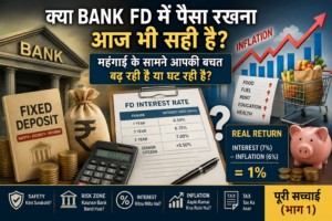 Bank FD में निवेश, महंगाई (Inflation), ब्याज दर, Real Return और बैंक जोखिम को दर्शाने वाली फीचर इमेज जिसमें बैंक, Fixed Deposit, बढ़ती महंगाई और निवेश की तुलना दिखाई गई है।