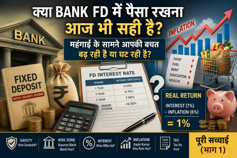 Bank FD में निवेश, महंगाई (Inflation), ब्याज दर, Real Return और बैंक जोखिम को दर्शाने वाली फीचर इमेज जिसमें बैंक, Fixed Deposit, बढ़ती महंगाई और निवेश की तुलना दिखाई गई है।