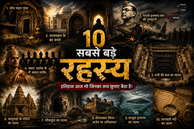 भारत की 10 सबसे रहस्यमयी ऐतिहासिक घटनाएँ – रूपकुंड झील, द्वारका नगरी, कुलधरा गाँव, अशोक के नौ अज्ञात व्यक्ति, सिंधु घाटी सभ्यता, भानगढ़ किला, लोनार झील, सोन भंडार गुफा, ताजमहल के बंद कमरे और नेताजी सुभाषचंद्र बोस की गुमशुदगी से जुड़े ऐतिहासिक रहस्य