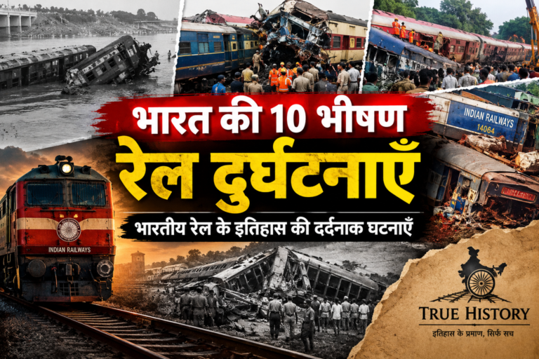 भारत की 10 भीषण रेल दुर्घटनाओं और भारतीय रेल के इतिहास की प्रमुख घटनाओं को दर्शाती फीचर इमेज