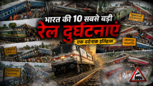 भारत की 10 सबसे बड़ी रेल दुर्घटनाओं का चित्र, जिसमें बिहार बागमती, फिरोजाबाद, गैसाल, खन्ना, ज्ञानेश्वरी एक्सप्रेस, इंदौर–पटना, बालासोर, रफीगंज और वालीगोंडा जैसी प्रमुख रेल दुर्घटनाओं के दृश्य दिखाए गए हैं।