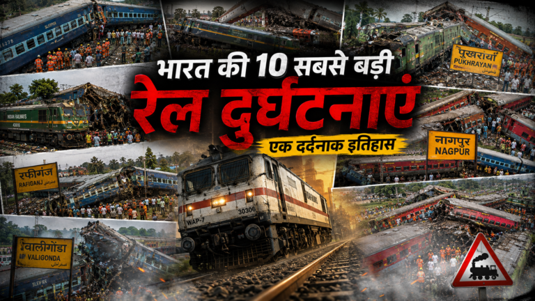 भारत की 10 सबसे बड़ी रेल दुर्घटनाओं का चित्र, जिसमें बिहार बागमती, फिरोजाबाद, गैसाल, खन्ना, ज्ञानेश्वरी एक्सप्रेस, इंदौर–पटना, बालासोर, रफीगंज और वालीगोंडा जैसी प्रमुख रेल दुर्घटनाओं के दृश्य दिखाए गए हैं।