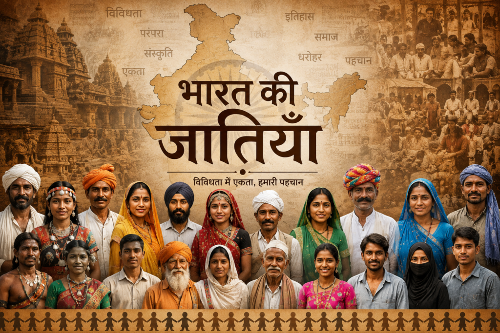 भारत की विभिन्न जातियों को दर्शाती फीचर इमेज, जिसमें भारतीय समाज की विविध परंपराएँ, संस्कृति, समुदाय और ऐतिहासिक विरासत की प्रतीकात्मक झलक दिखाई गई है।