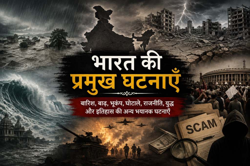 भारत की प्रमुख ऐतिहासिक घटनाओं को दर्शाती फीचर इमेज, जिसमें बाढ़, भूकंप, युद्ध, घोटाले, राजनीति और अन्य महत्वपूर्ण घटनाओं की प्रतीकात्मक झलक दिखाई गई है।