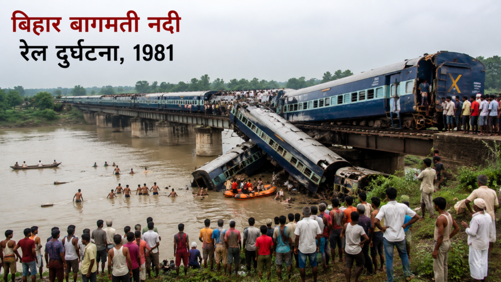 1981 की बिहार बागमती नदी रेल दुर्घटना का दृश्य, जिसमें ट्रेन के डिब्बे बागमती नदी में गिरे हुए दिखाई दे रहे हैं। यह भारत की सबसे बड़ी रेल दुर्घटनाओं में से एक थी।