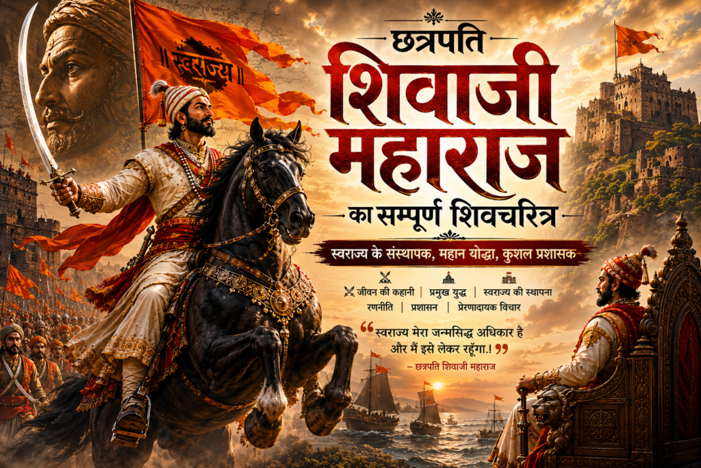 छत्रपति शिवाजी महाराज का एक भव्य सिनेमैटिक पोस्टर जिसमें वे घोड़े पर सवार हैं, पीछे मराठा किले, युद्ध दृश्य और समुद्री जहाज़ दिखाई देते हैं, साथ में हिंदी में "छत्रपति शिवाजी महाराज का सम्पूर्ण शिवचरित्र" शीर्षक लिखा हुआ है।