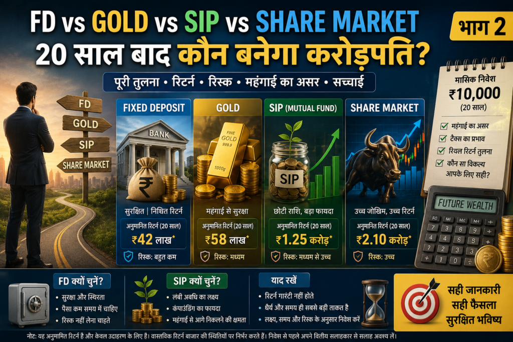 FD vs Gold vs SIP vs Share Market की तुलना दिखाने वाली फीचर इमेज, जिसमें 20 साल के निवेश, अनुमानित रिटर्न, जोखिम (Risk), महंगाई (Inflation) का प्रभाव और सही निवेश विकल्प की जानकारी दर्शाई गई है।