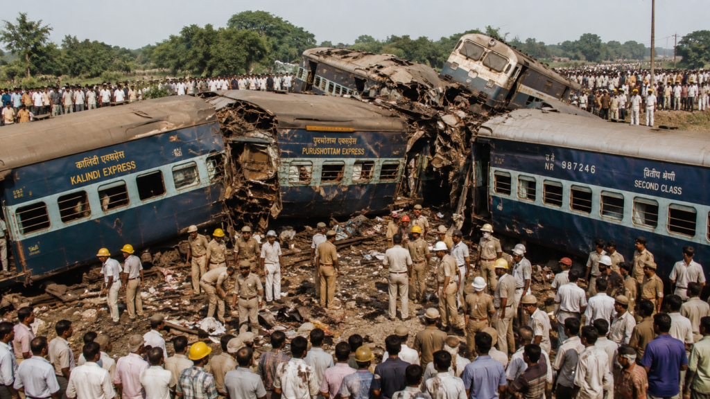 1995 की फिरोजाबाद रेल दुर्घटना का यथार्थवादी चित्र, जिसमें पुरुषोत्तम एक्सप्रेस और कालिंदी एक्सप्रेस की भीषण टक्कर के बाद क्षतिग्रस्त डिब्बे और बचाव अभियान दिखाया गया है।